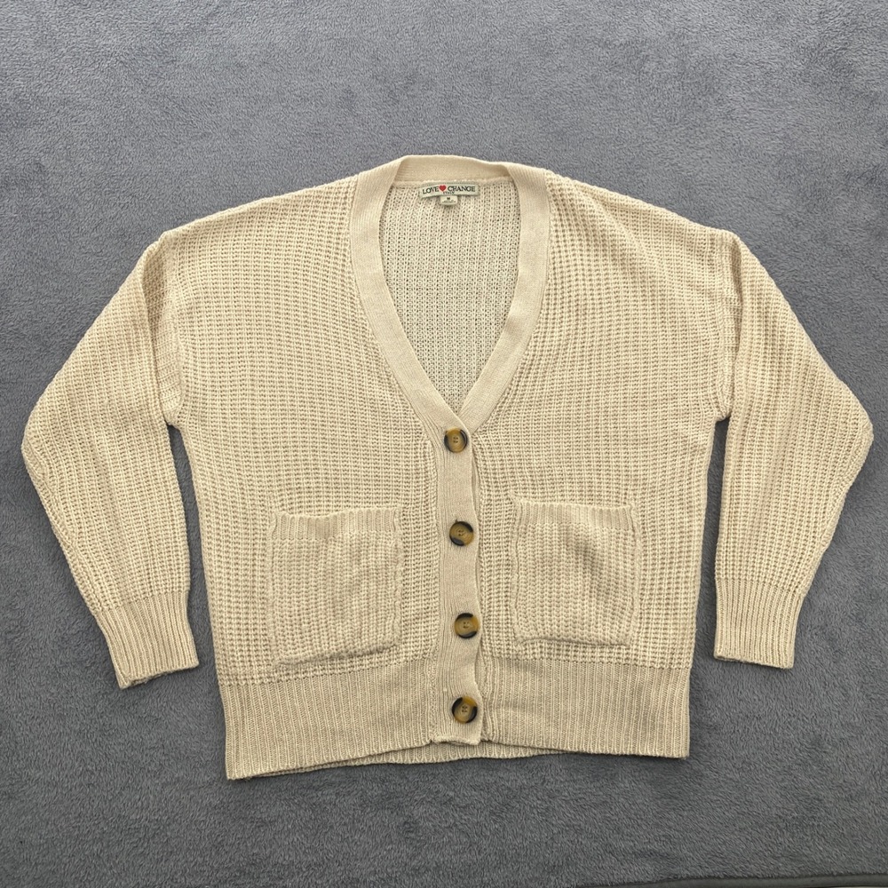 Love Change Italy Cardigan Sweater Womens Medium Beige Knit Button Front 7847
